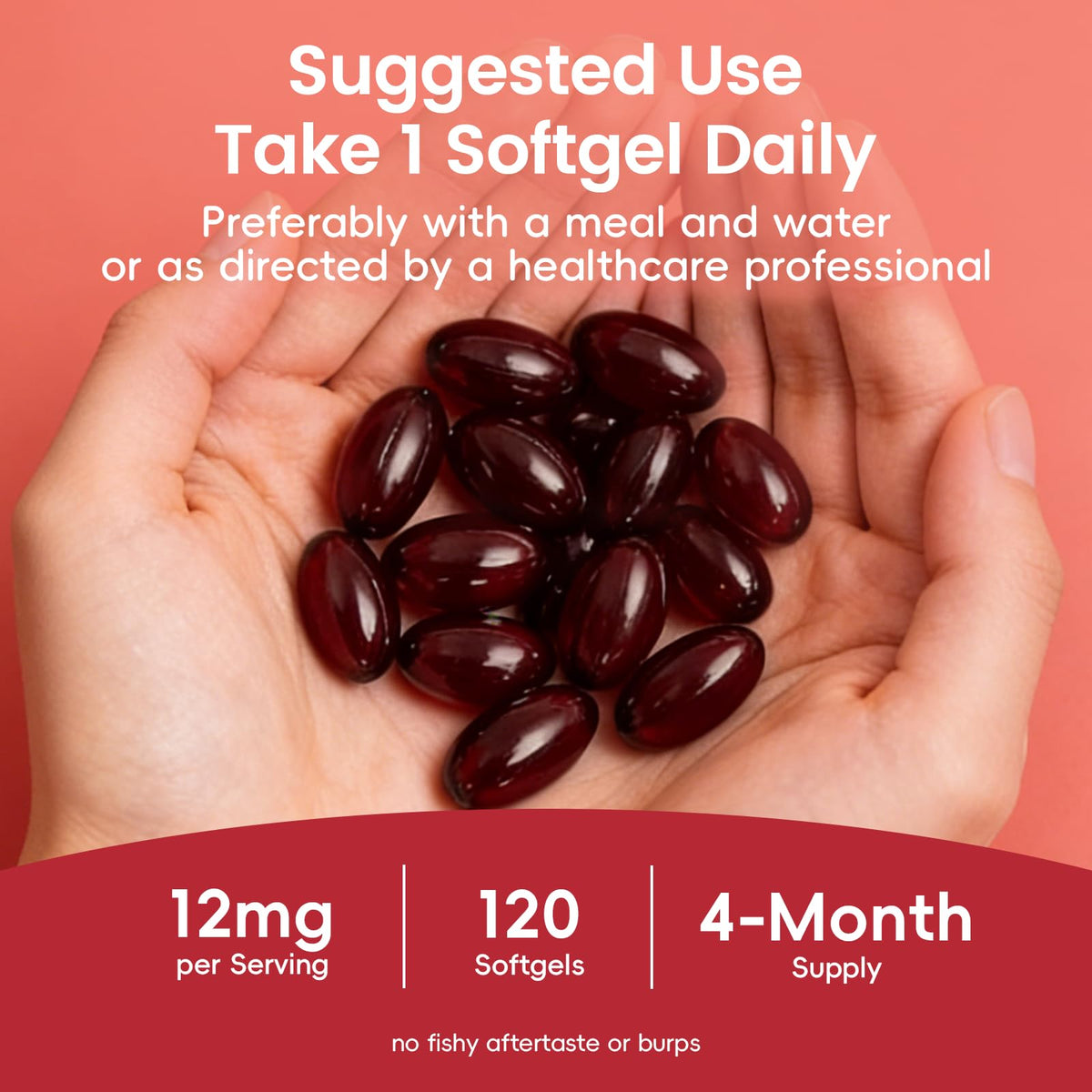 BULGOIRE Astaxanthin 12mg gélules dans une main, usage quotidien