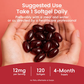 BULGOIRE Astaxanthin 12mg gélules dans une main, usage quotidien