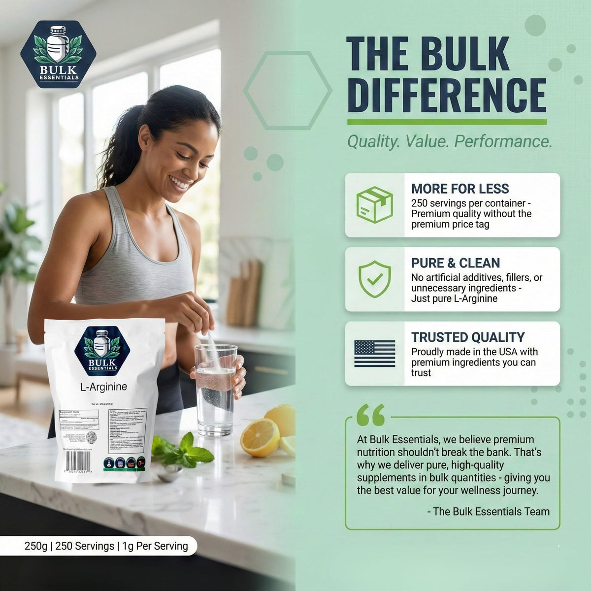 Bulk Essentials L-Arginine Poudre 250g avec une cuillère de mesure