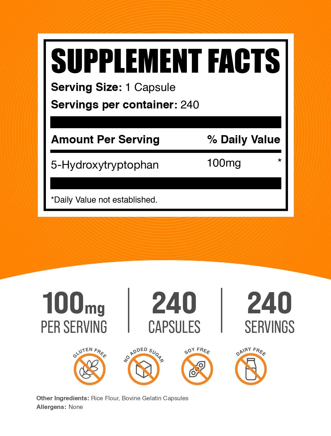 BulkSupplements 5-HTP Capsules 100mg flacon ouvert avec capsules visibles