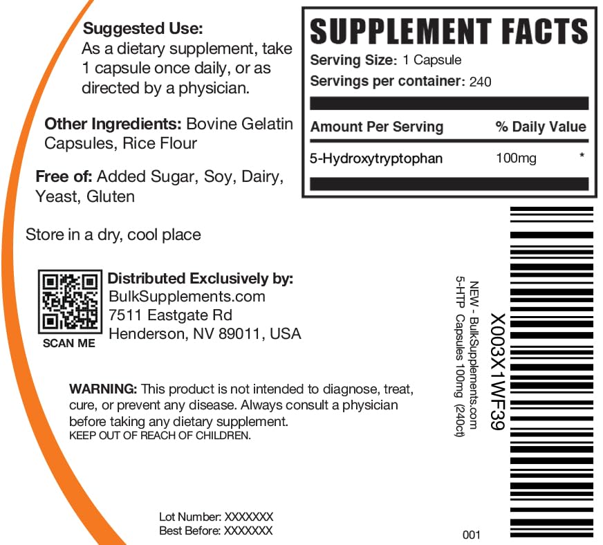 BulkSupplements 5-HTP Capsules 100mg informations nutritionnelles sur l'étiquette