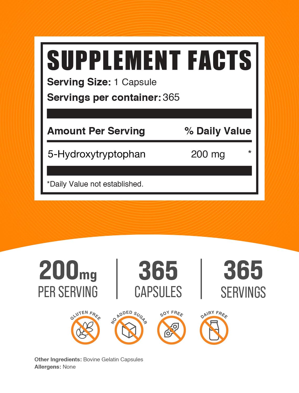 BulkSupplements 5-HTP Capsules 200mg côté montrant le dosage