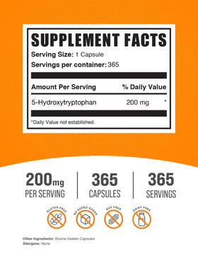BulkSupplements 5-HTP Capsules 200mg côté montrant le dosage