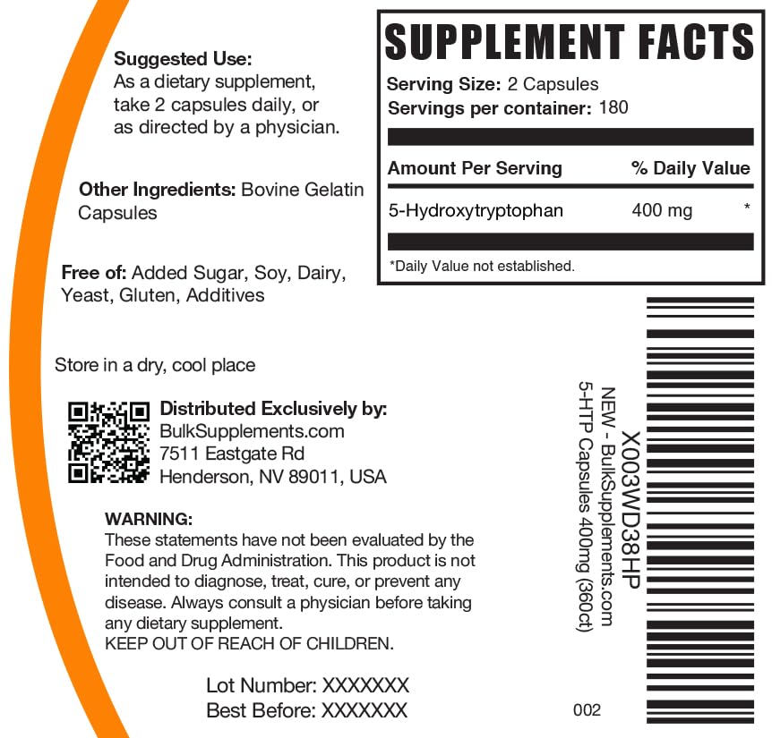 BulkSupplements 5-HTP capsules, étiquette avec ingrédients