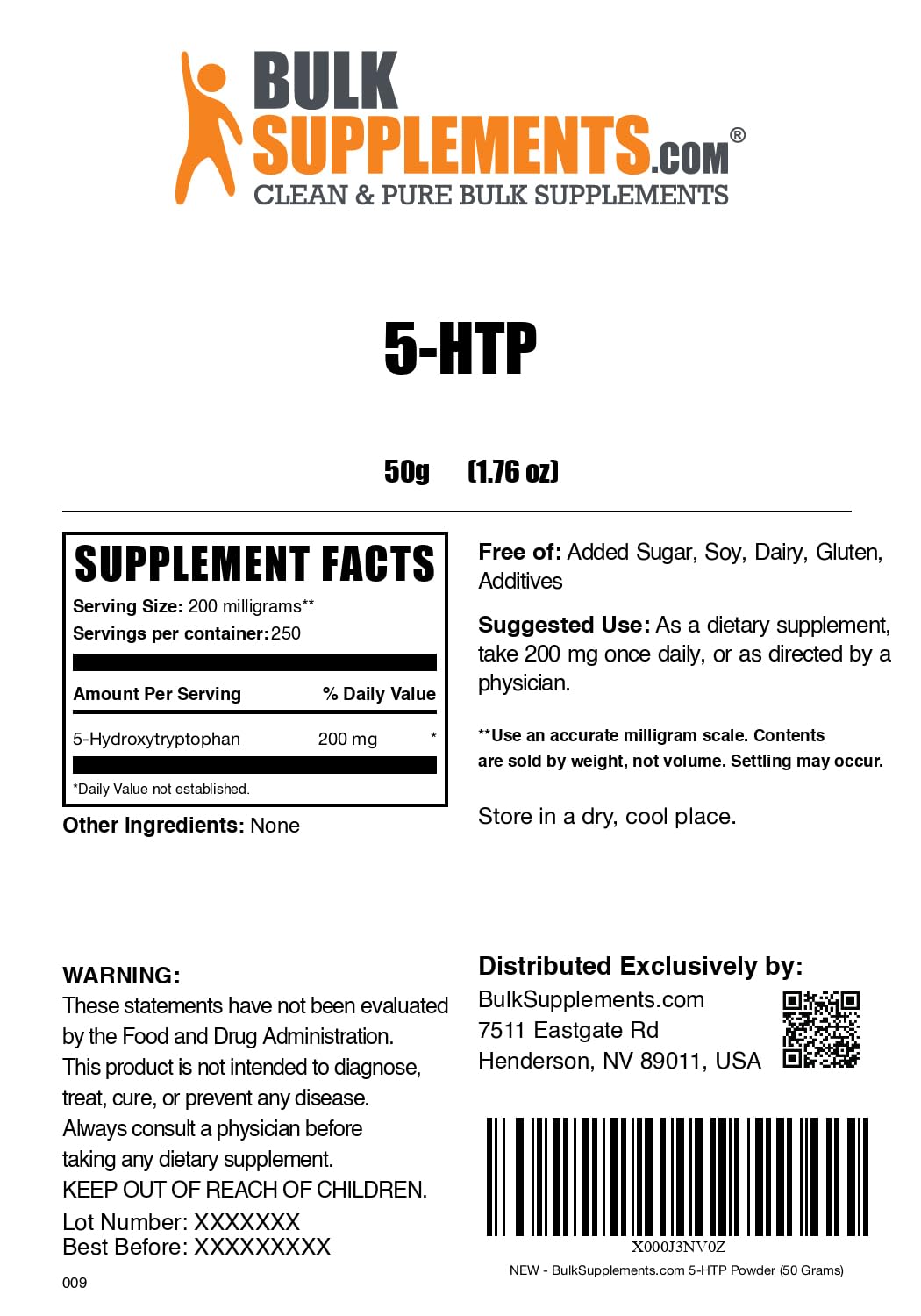 BulkSupplements 5-HTP Poudre 200mg 59g cuillère doseuse