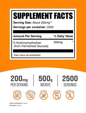 BulkSupplements 5-HTP Poudre 500g vue arrière avec ingrédients