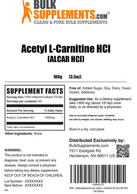 BulkSupplements Acetyl L-Carnitine Poudre 100g sur une table