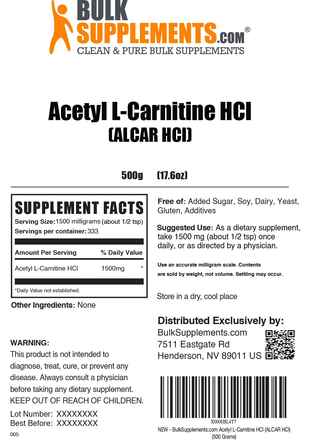 BulkSupplements Acétyl L-Carnitine Poudre 500g côté