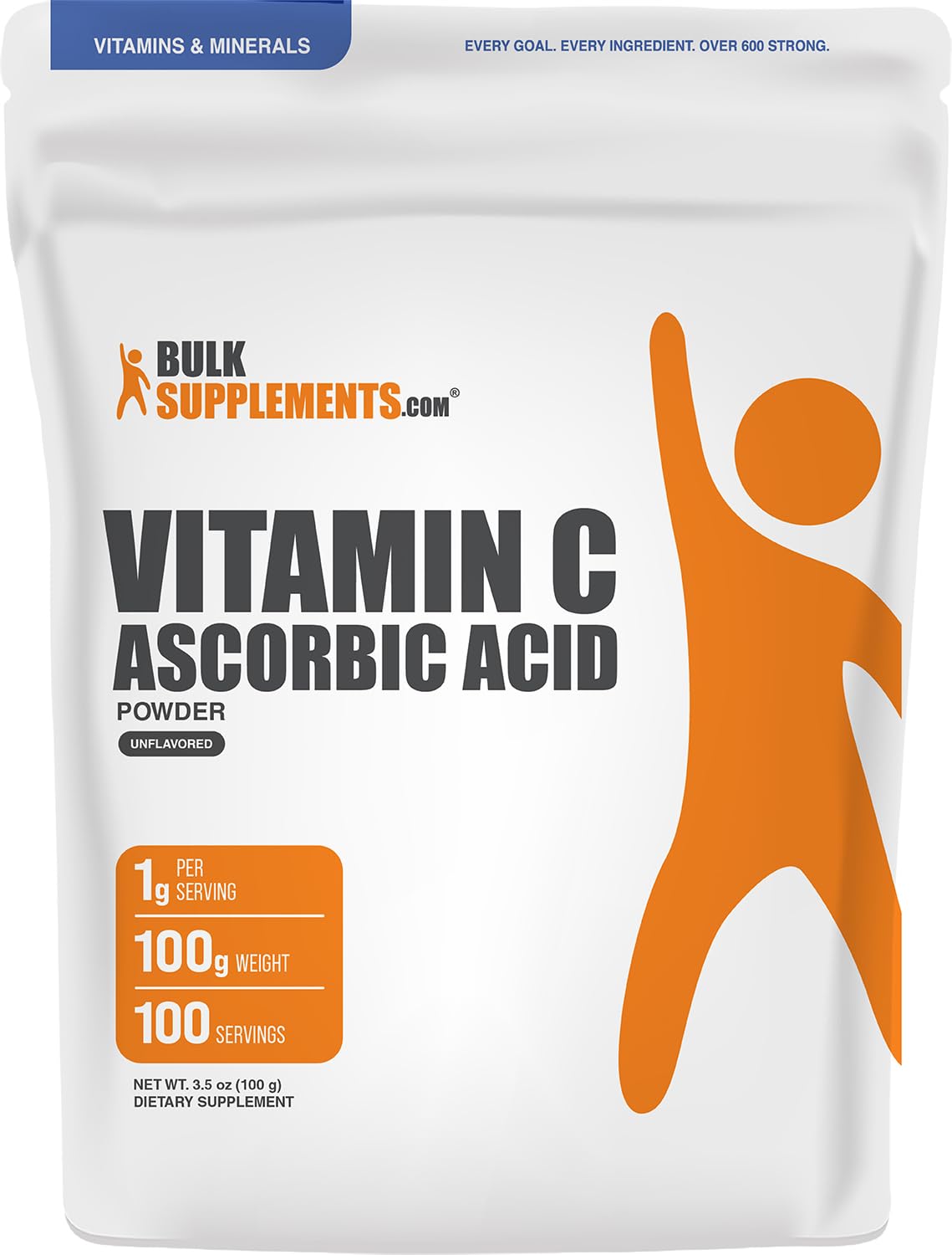 BulkSupplements Acide Ascorbique Poudre 100g vue de face