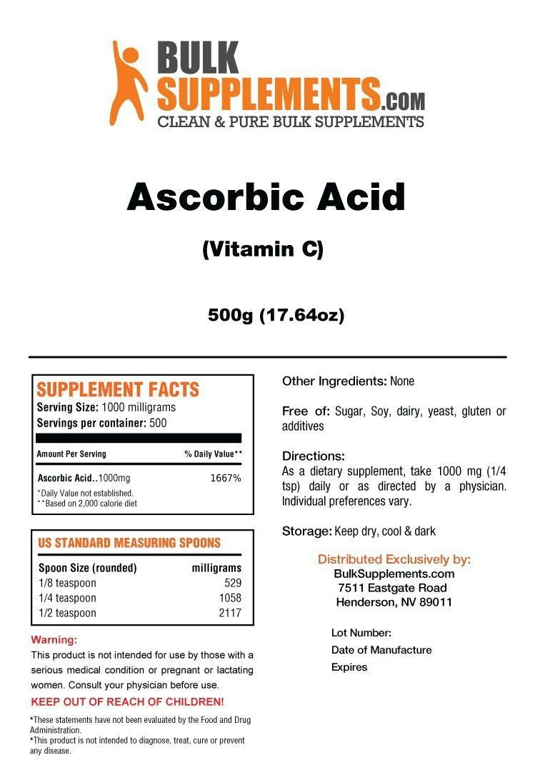 BulkSupplements Acide Ascorbique Poudre 500g emballage