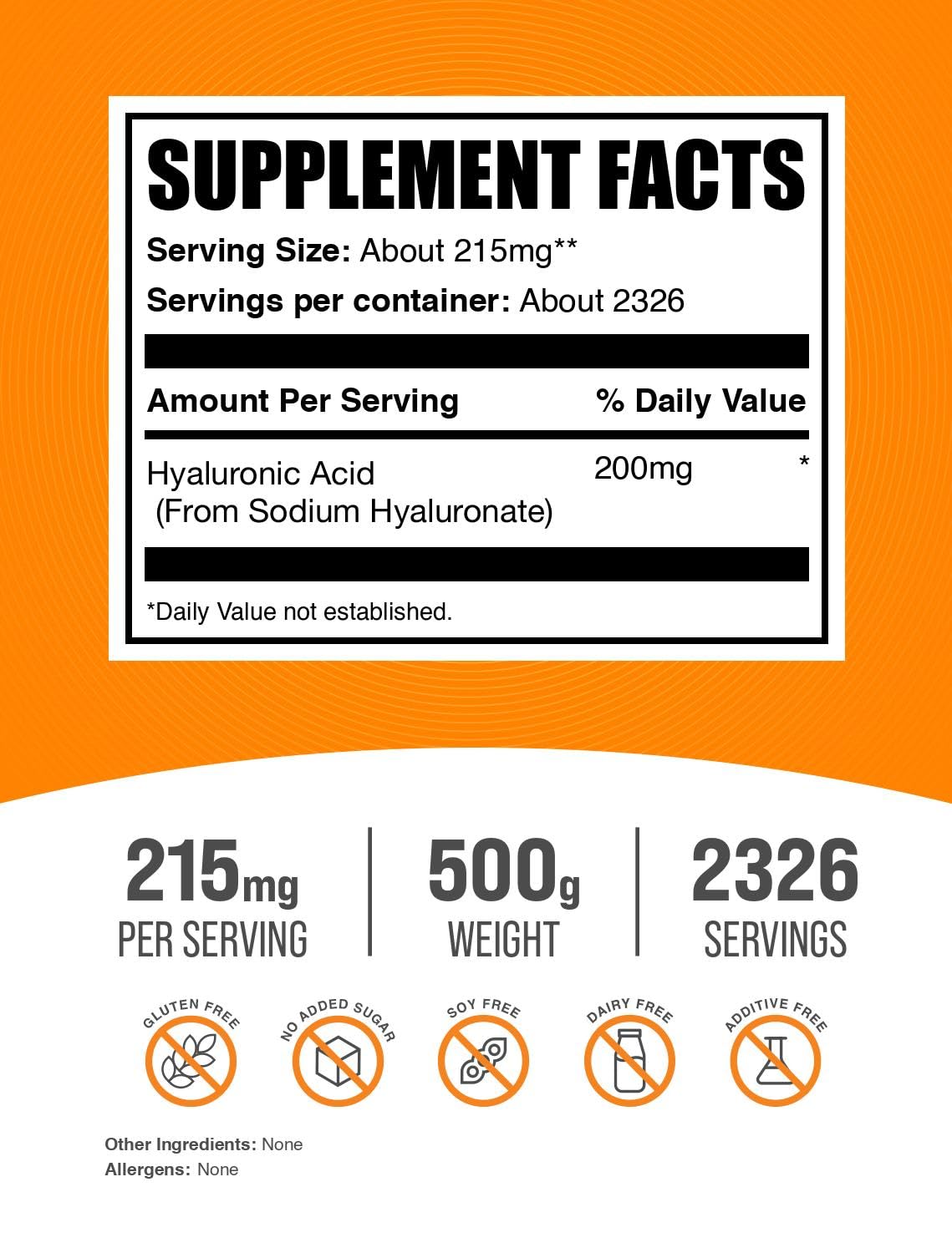 BulkSupplements Acide Hyaluronique 215mg et ingrédients
