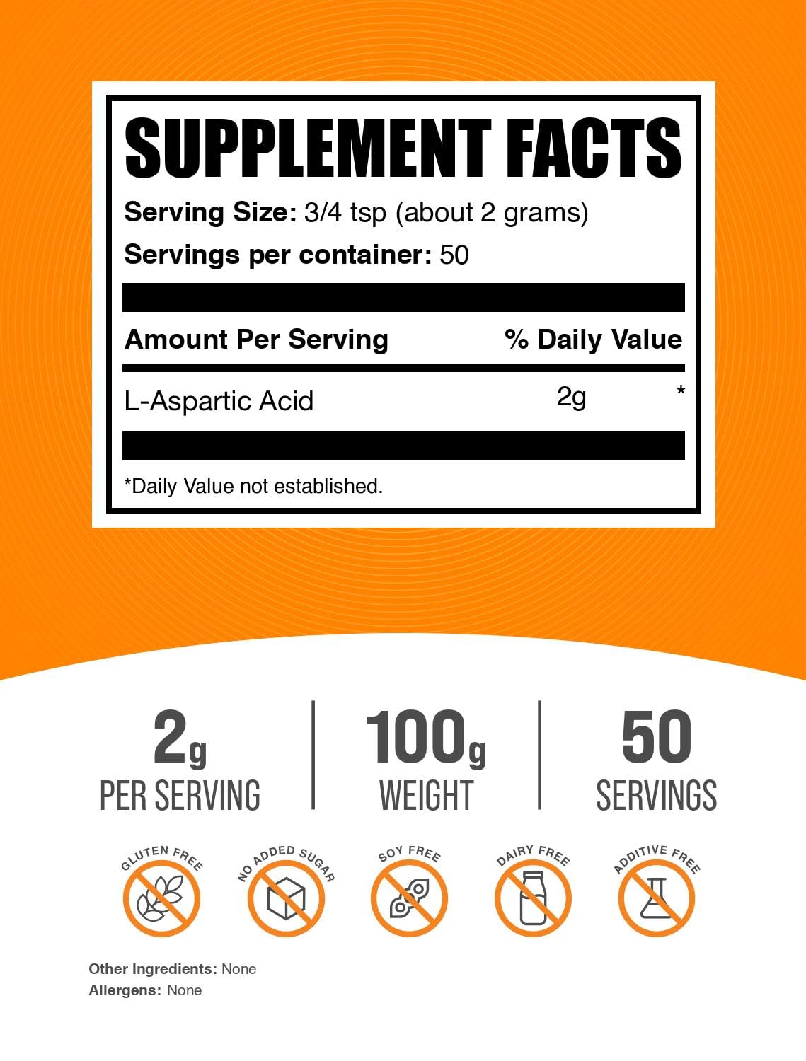 BulkSupplements Acide L-Aspartique Poudre 100g étiquette