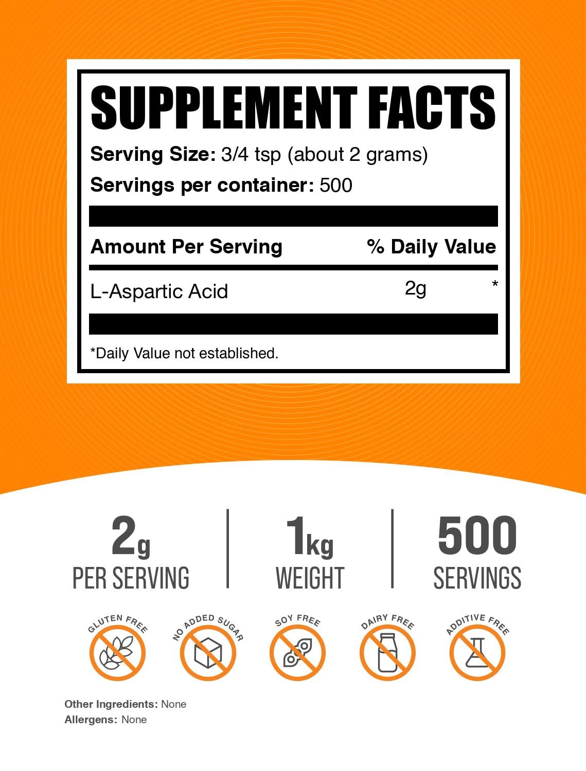 BulkSupplements Acide L-Aspartique Poudre 1kg vue latérale