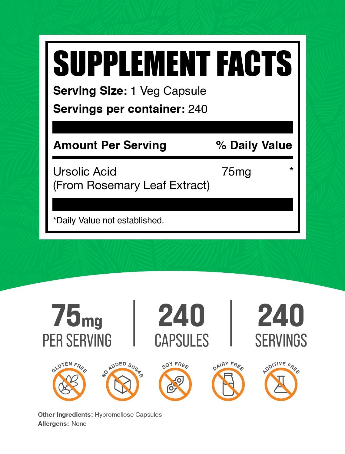 BulkSupplements Acides Ursoliques gélules sur fond blanc