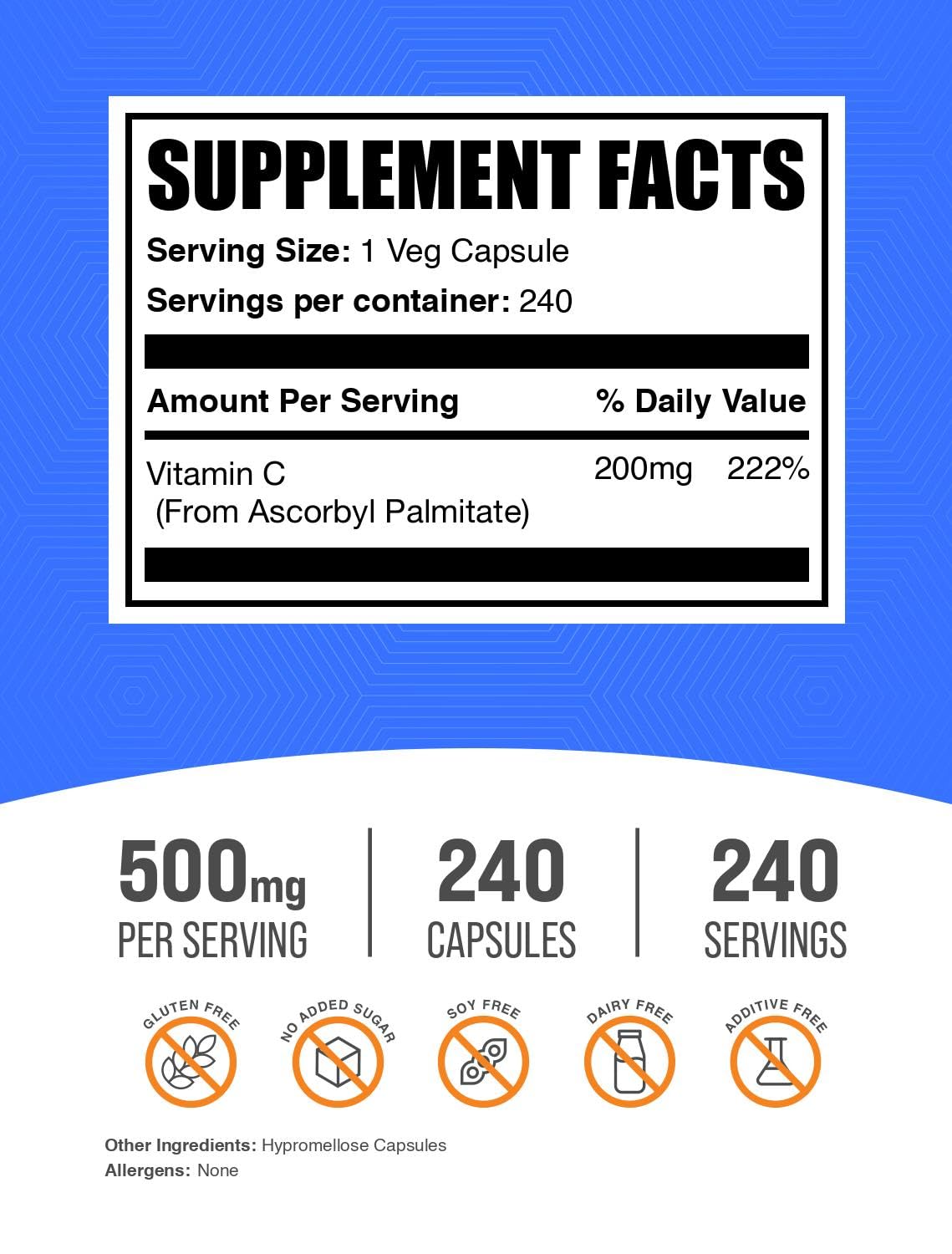 BulkSupplements Ascorbyl Palmitate Capsules 500mg - vue de côté