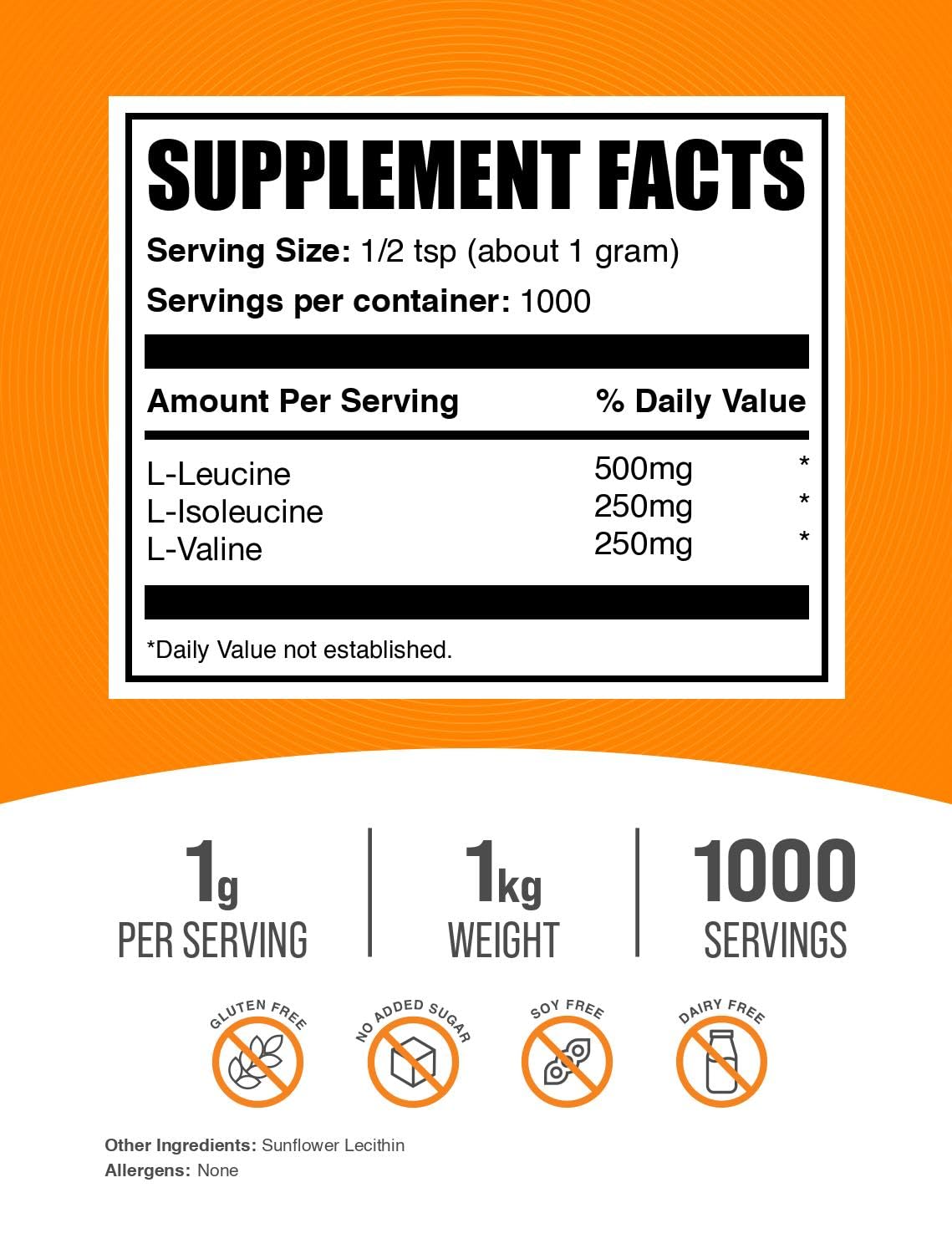 BulkSupplements BCAA 2:1:1 Poudre 1kg avec étiquette nutritionnelle