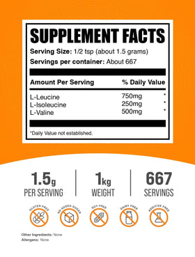 BulkSupplements BCAA 3:1:2 Poudre 1kg et dos de l'emballage