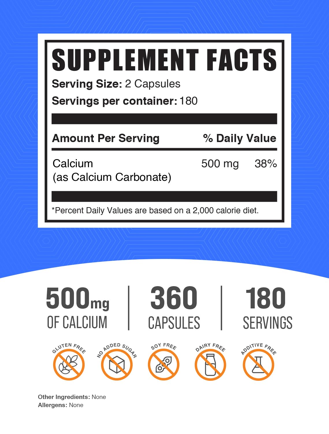 BulkSupplements Calcium Carbonate 500mg capsules, étiquette détaillée