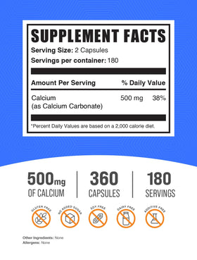 BulkSupplements Calcium Carbonate 500mg capsules, étiquette détaillée