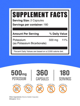 BulkSupplements capsules de bicarbonate de potassium 500mg vue latérale