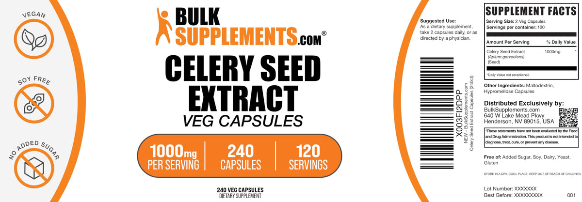 BulkSupplements capsules de graine de céleri 1500mg sur un fond neutre