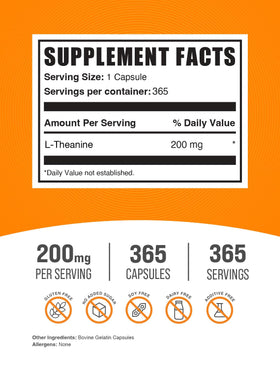 BulkSupplements Capsules de L-Théanine 200mg avec étiquette