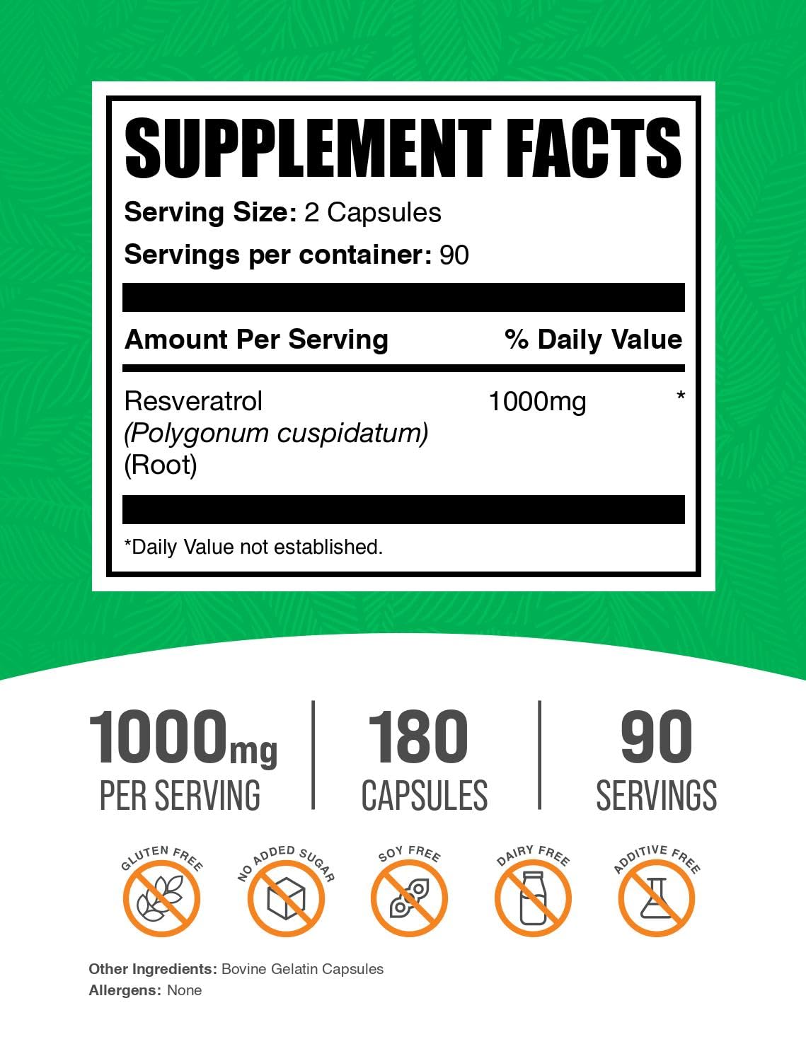 BulkSupplements Capsules de Résvératrol, vue de côté avec dosage indiqué