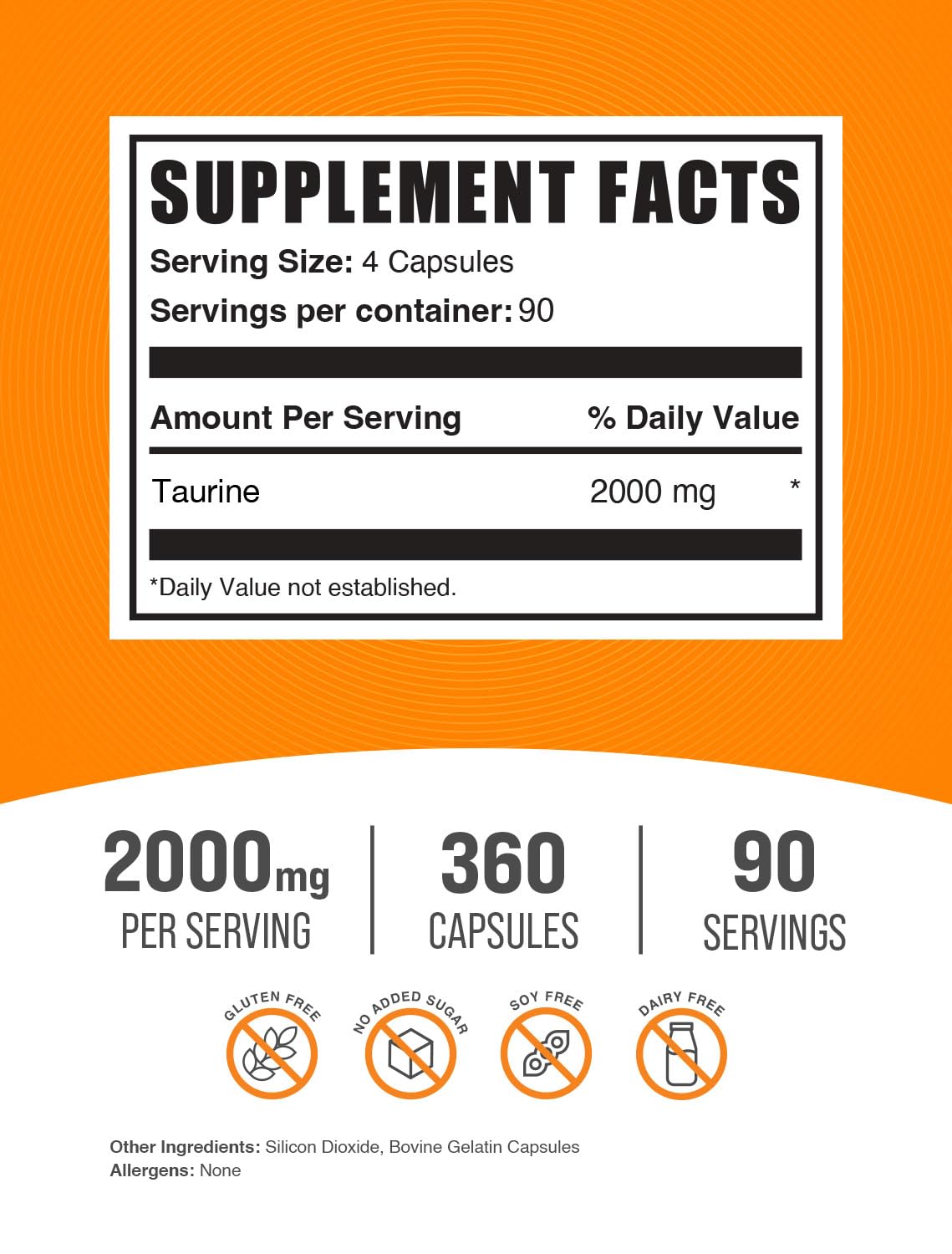 BulkSupplements Capsules de Taurine 2000mg - flacon de 360 capsules