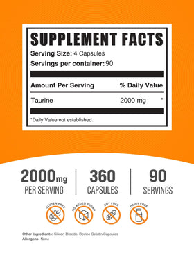 BulkSupplements Capsules de Taurine 2000mg - flacon de 360 capsules