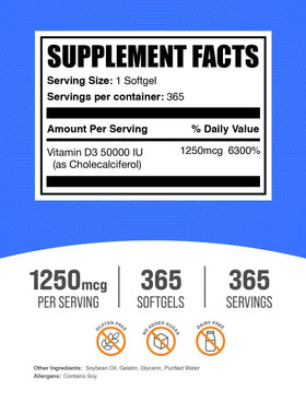 BulkSupplements Capsules de Vitamine D3 50000 UI - vue de dos