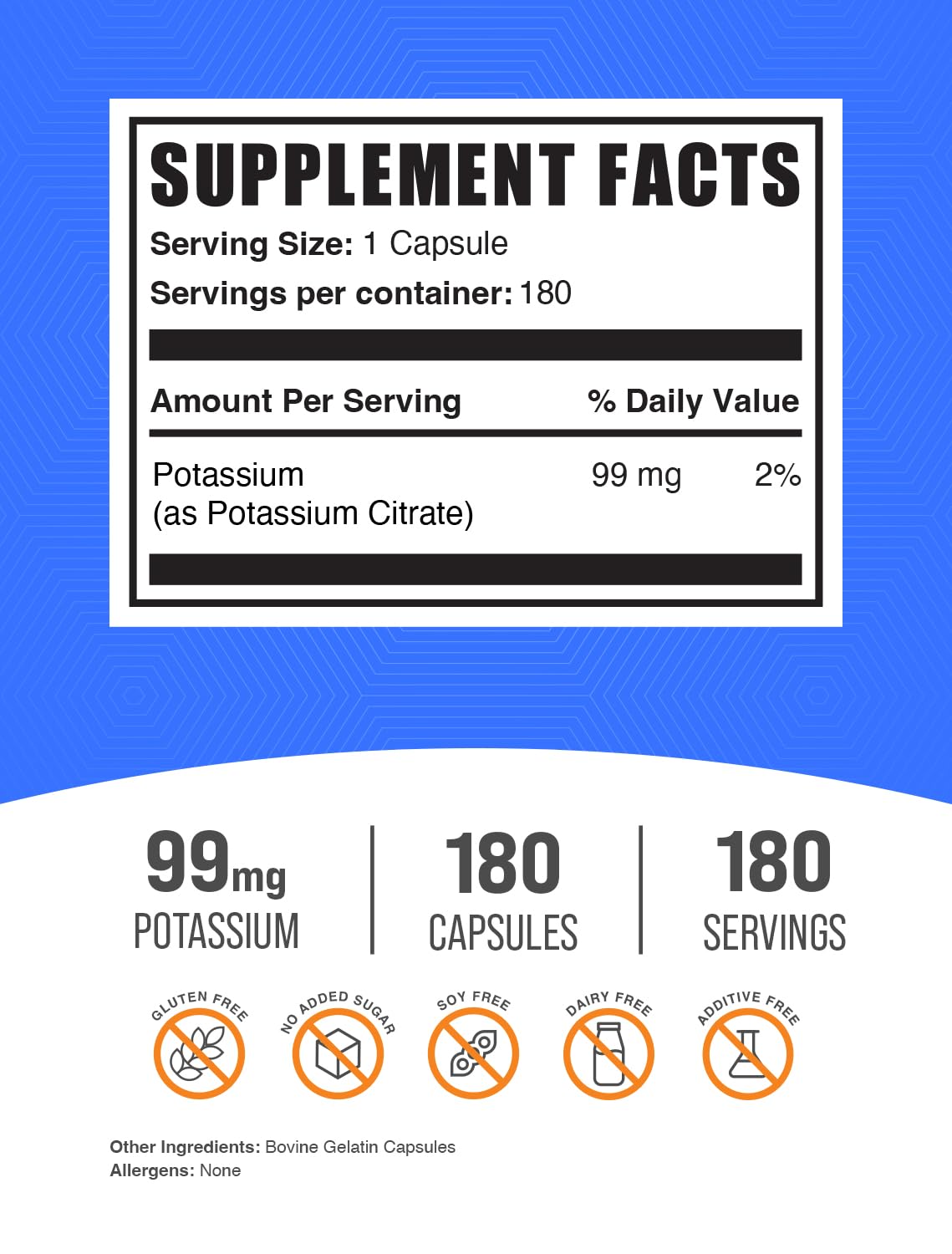 BulkSupplements Citrate de Potassium 99mg capsules avec étiquette