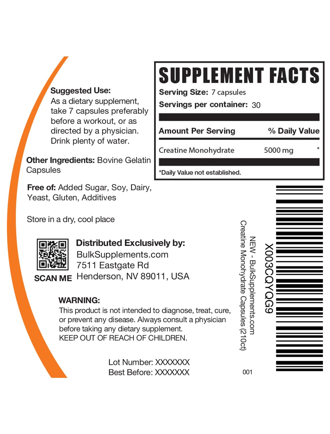BulkSupplements créatine monohydrate capsules 5000mg étiquette et informations nutritionnelles