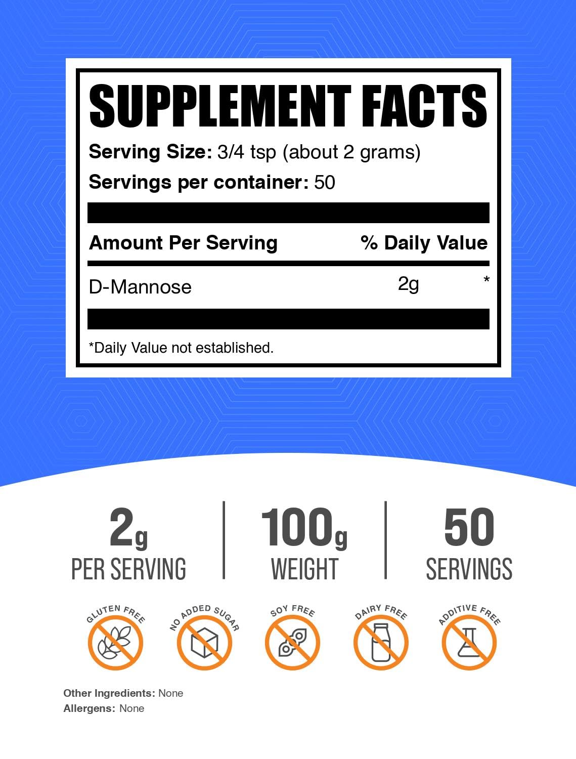 BulkSupplements D-Mannose Poudre 2000mg 100g emballage