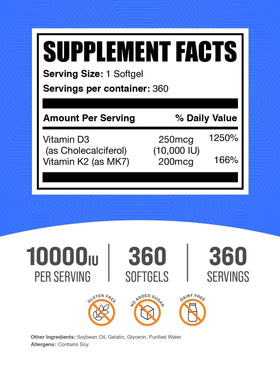 BulkSupplements D3 + K2 gélules avec étiquette et détails