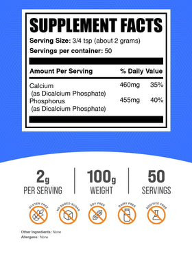BulkSupplements Dicalcium Phosphate Poudre 100g emballage