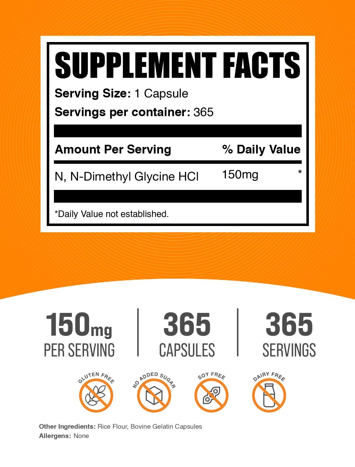 BulkSupplements DMG HCl Capsules 150mg, étiquette et dosage