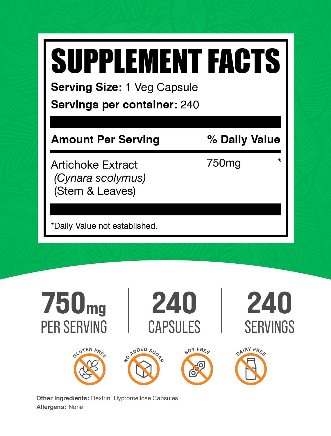 BulkSupplements Extrait d'Artichaut 750mg Capsules avec étiquette