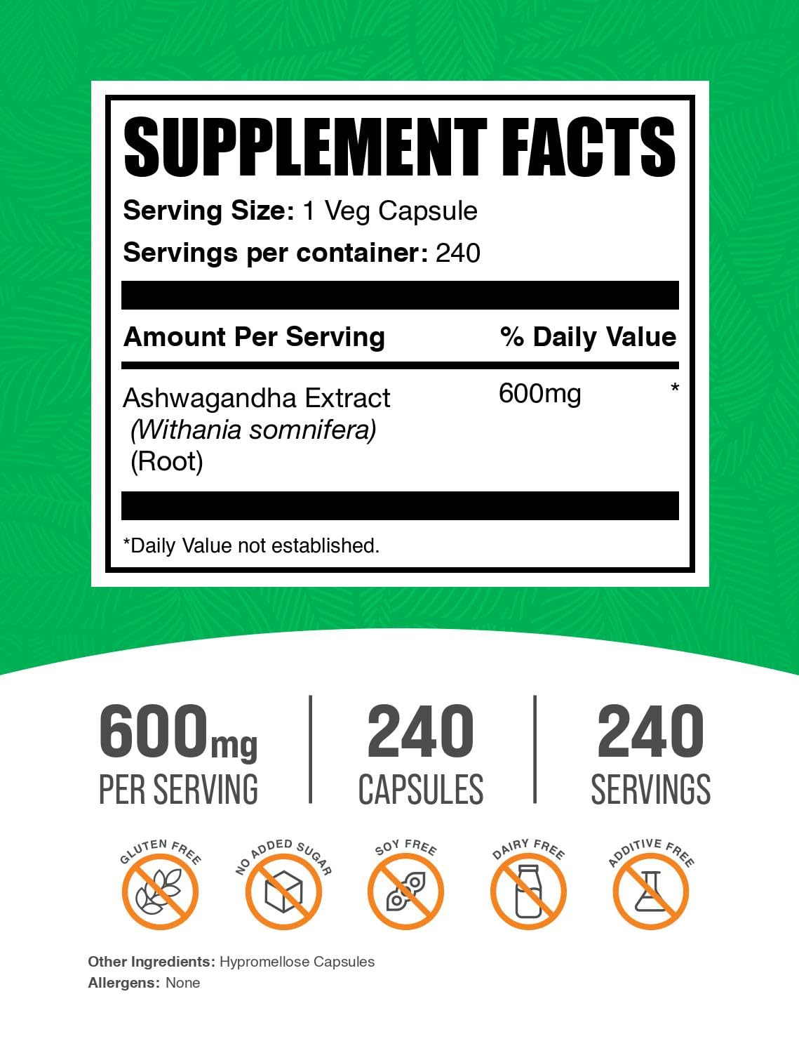 BulkSupplements Extrait d'Ashwagandha capsule avec étiquette