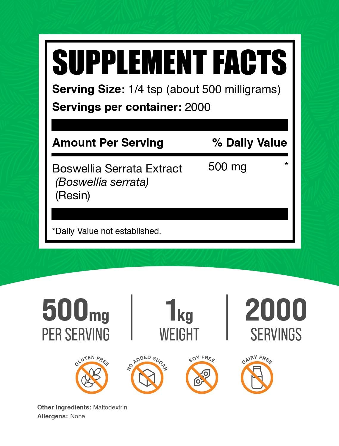 BulkSupplements Extrait de Boswellia Serrata en poudre 500mg portion