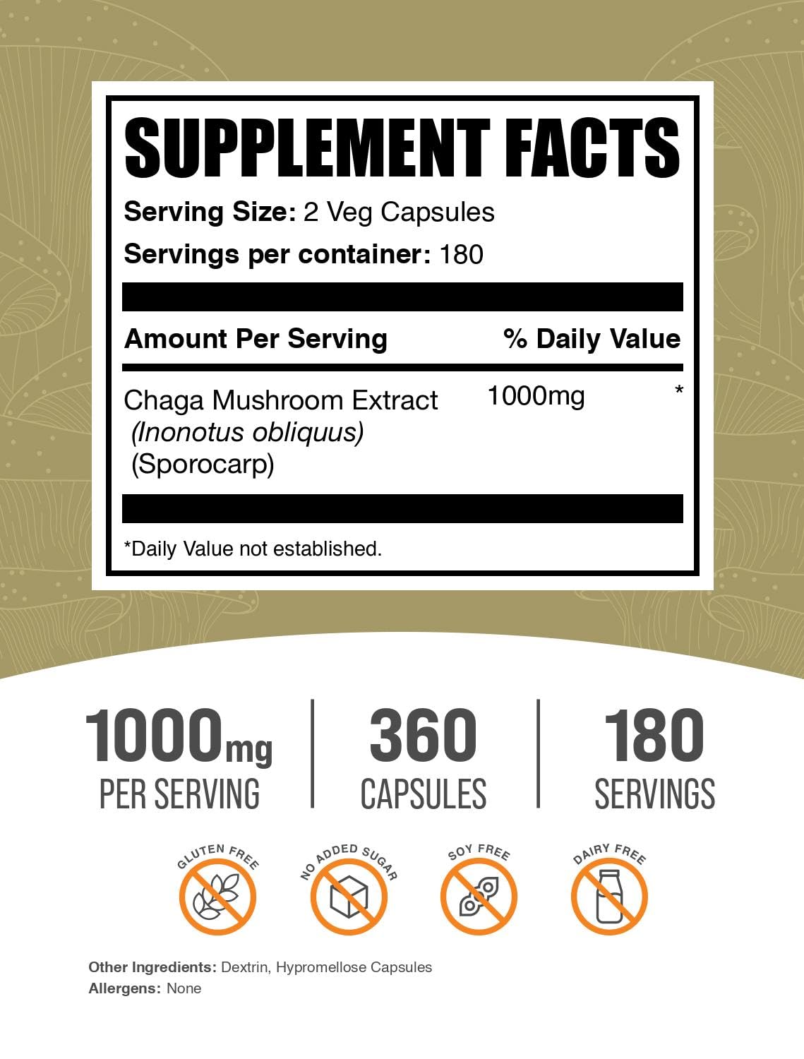 BulkSupplements Extrait de Champignon Chaga Capsules 360 unités