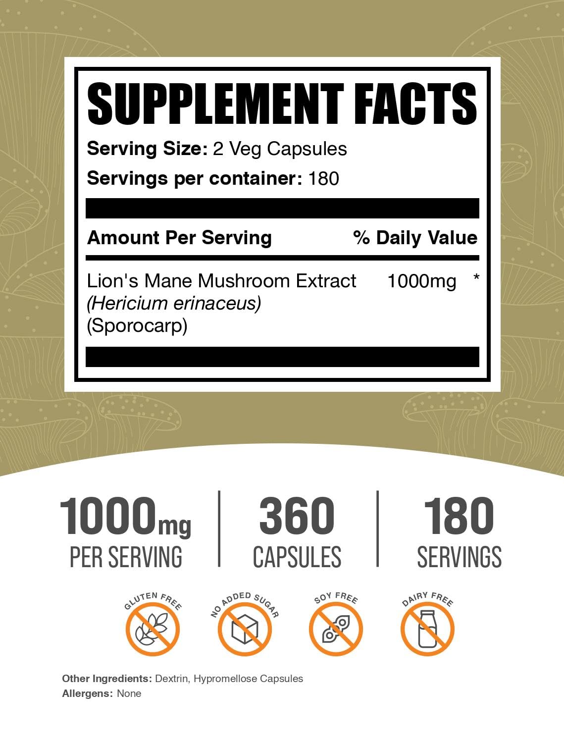 BulkSupplements Extrait de Champignon Lion's Mane 1000mg capsules côté