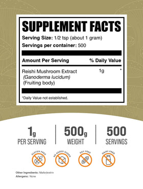 BulkSupplements Extrait de Champignon Reishi 500g étiquette et dosage