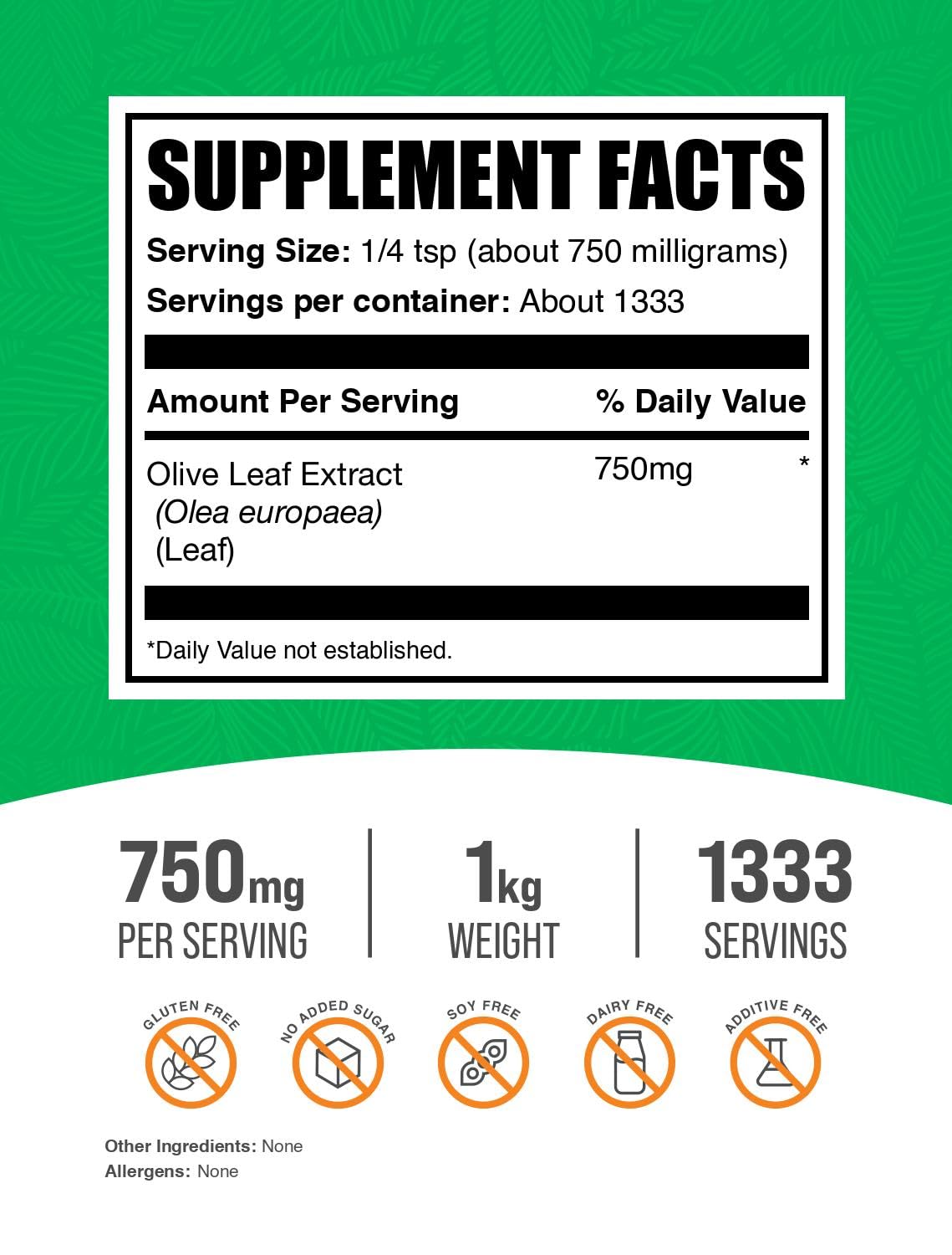 BulkSupplements Extrait de Feuille d'Olivier Poudre 750mg par portion