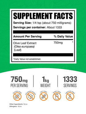 BulkSupplements Extrait de Feuille d'Olivier Poudre 750mg par portion