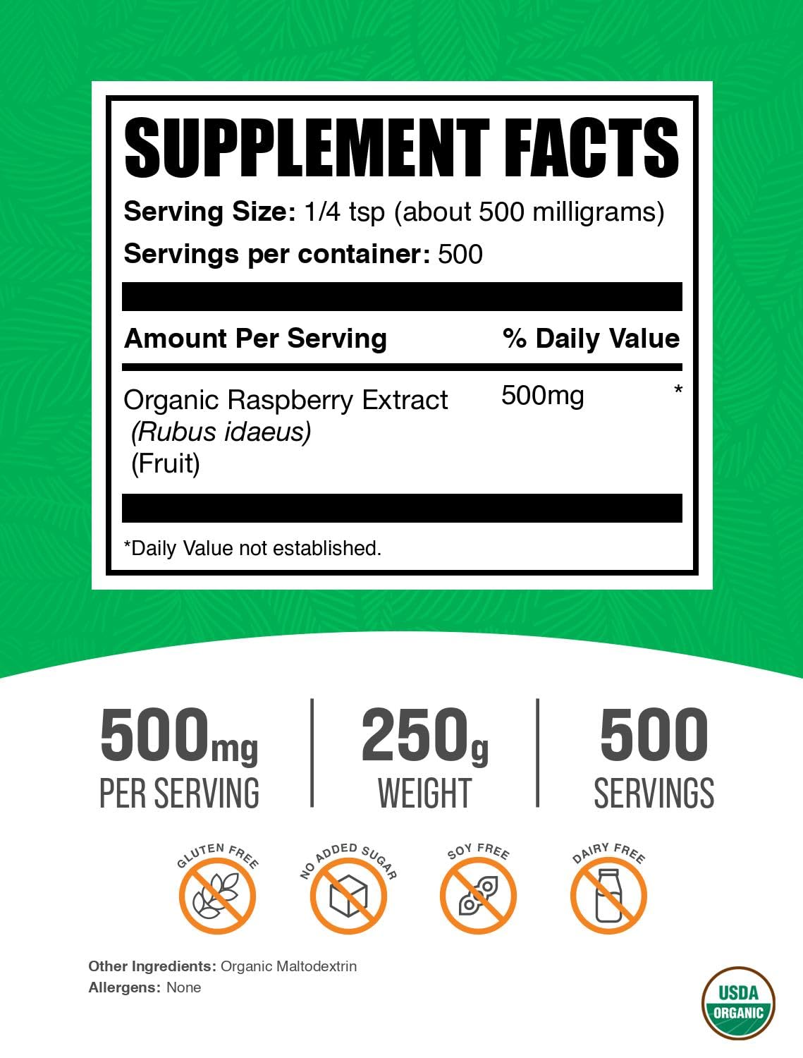 BulkSupplements Extrait de Framboise Bio 250g emballage