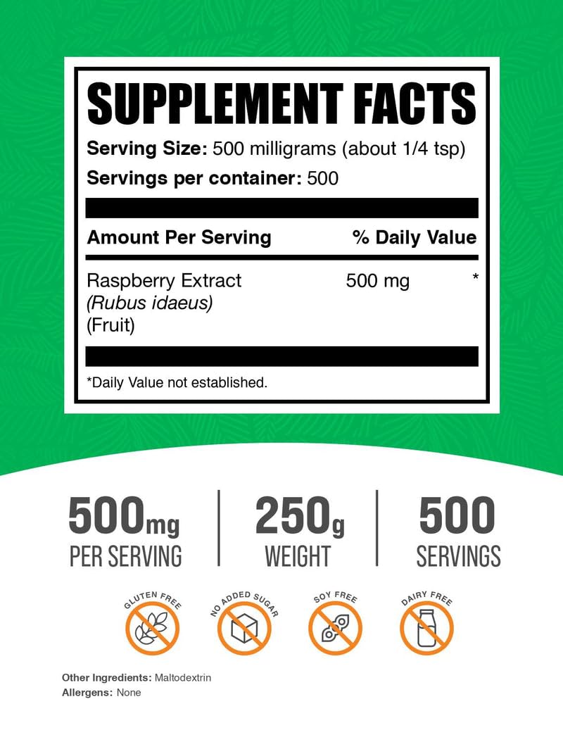 BulkSupplements Extrait de Framboise Bio en Poudre 500g sur fond blanc