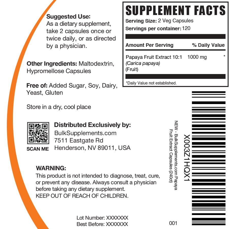 BulkSupplements Extrait de Fruit de Papaye 1000mg gélules emballage avec étiquette