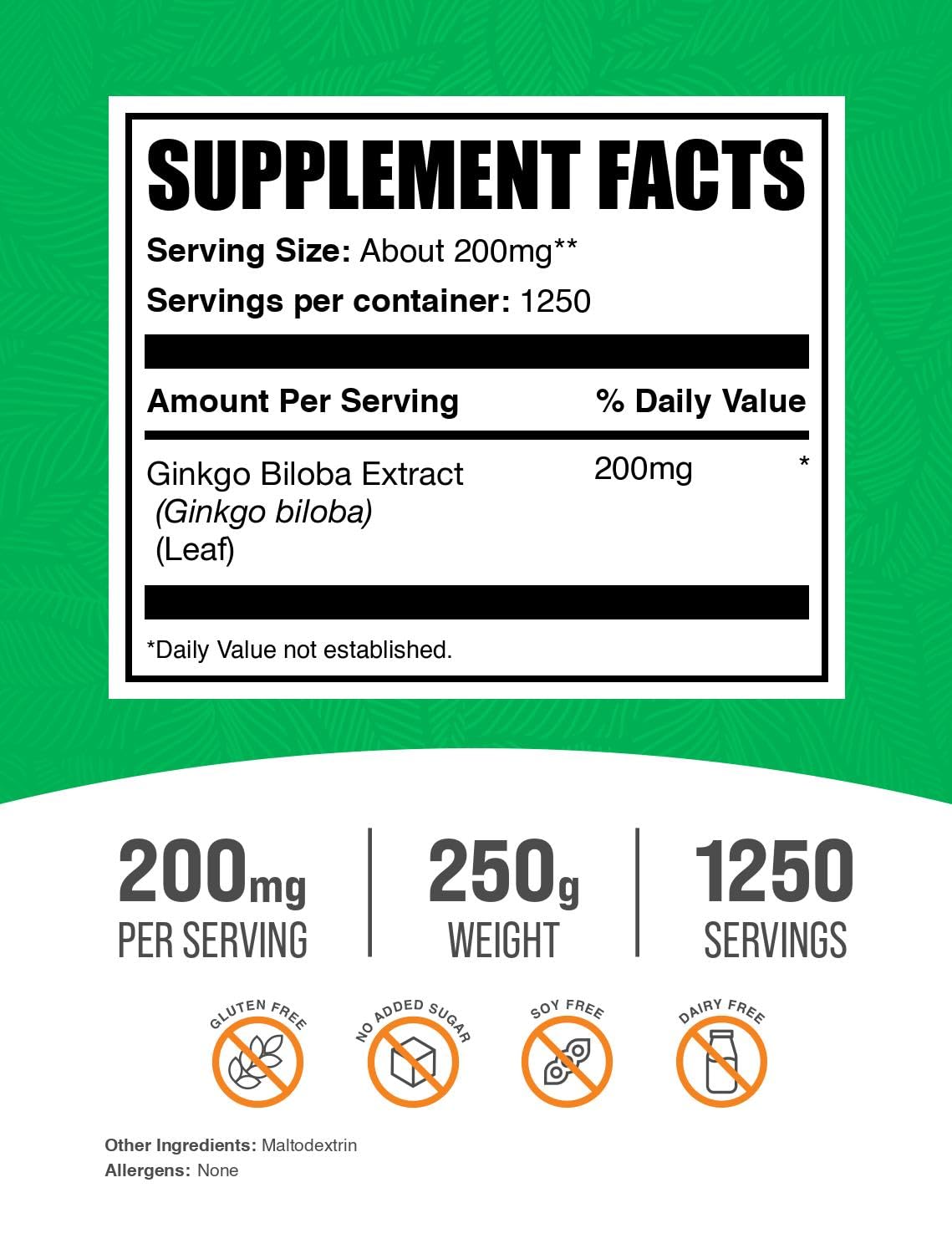 BulkSupplements Extrait de Ginkgo Biloba Poudre 250g emballage