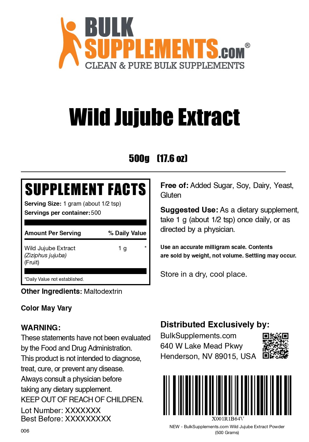 BulkSupplements extrait de jujube sauvage en poudre 500g en mesure