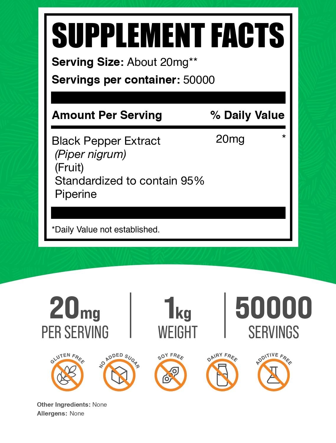 BulkSupplements extrait de poivre noir en poudre 1kg avec étiquette